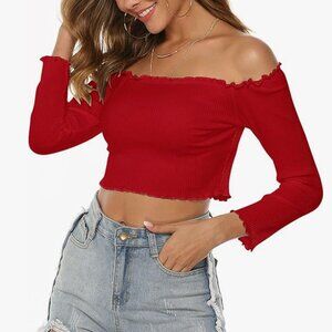 Red Off the Shoulder Long Sleeve Crop Top Lettuce Hem Womens Medium